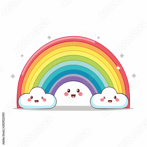 Cute Kawaii Rainbow with Smiling Clouds