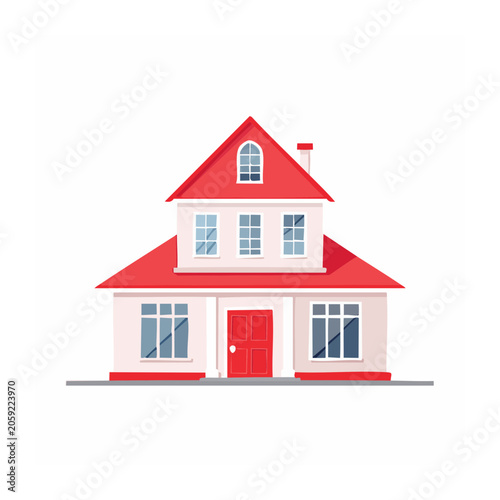 Flat design illustration of a pink house with red roof