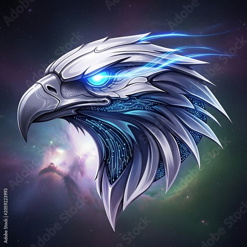 Futuristic Digital Eagle Head with Blue Lightning Effects.