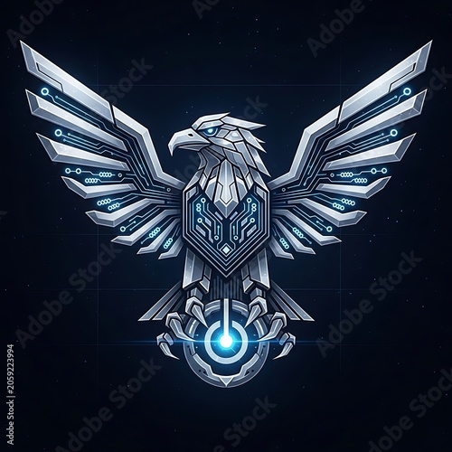 Futuristic Digital Eagle Emblem with Tech Elements.