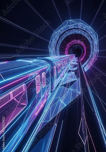 Futuristic Digital Tunnel with Neon Light Trails and High-Tech Elements.