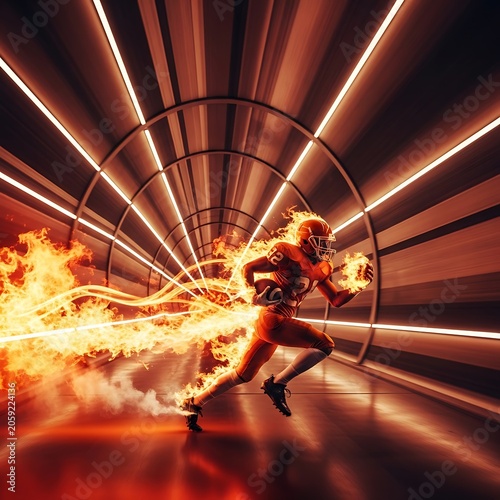 Futuristic Fire Runner in Neon Tunnel with Flames.