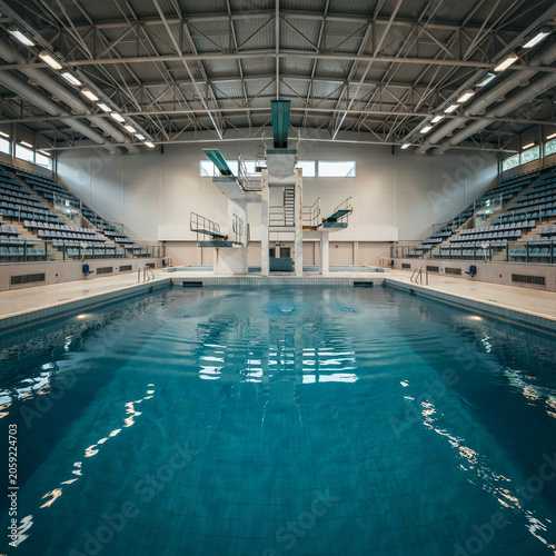 Swimming pool featuring diving platforms remains empty in a large indoor stadium during the quiet morning hours.