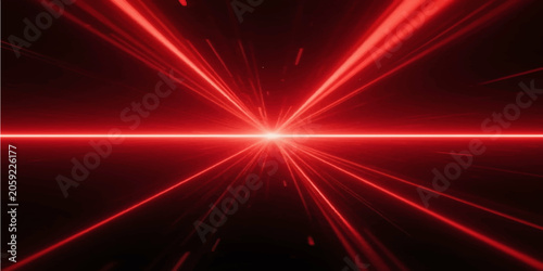 Abstract dark background with powerful red laser light burst and horizontal lens flare