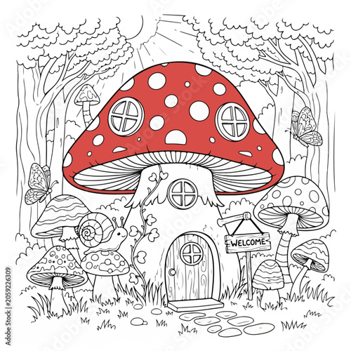 Mushroom House in Forest with Welcome Sign and Mushrooms