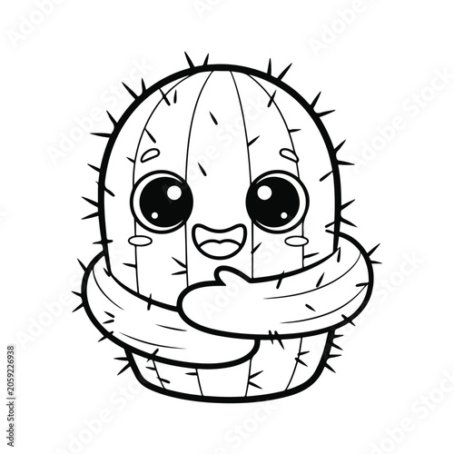 Cute Cactus Character Hugging Self with Big Eyes