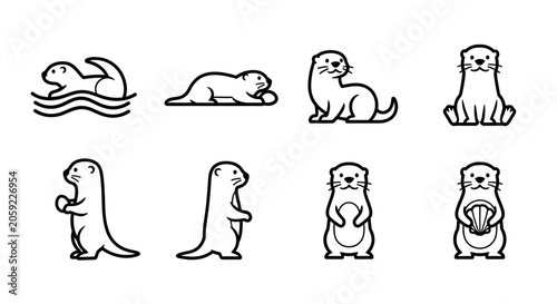 Schilderij op canvas Set of Simple Vector Otter Icons Featuring Various Playful Animal Poses