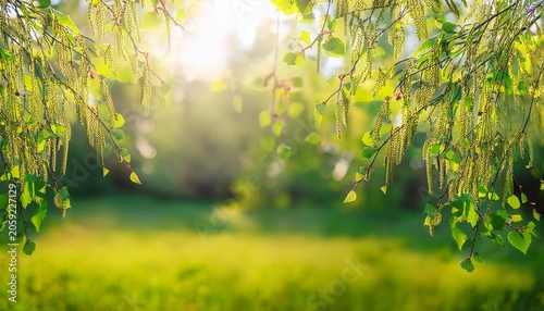 Sunny Spring Forest Banner With Birch Branches Birch Branches With Catkins On A Blurred Background