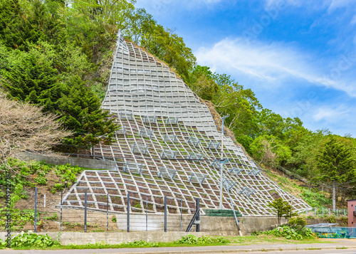 Typical Japanese retaining wall, Rausu Town, Hokkaido, Japan