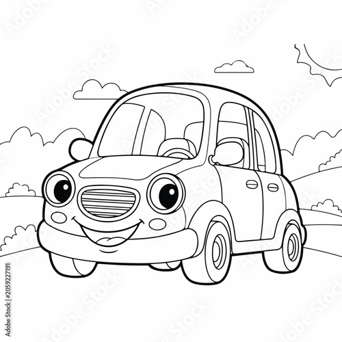 Smiling car on country road with clouds and hills