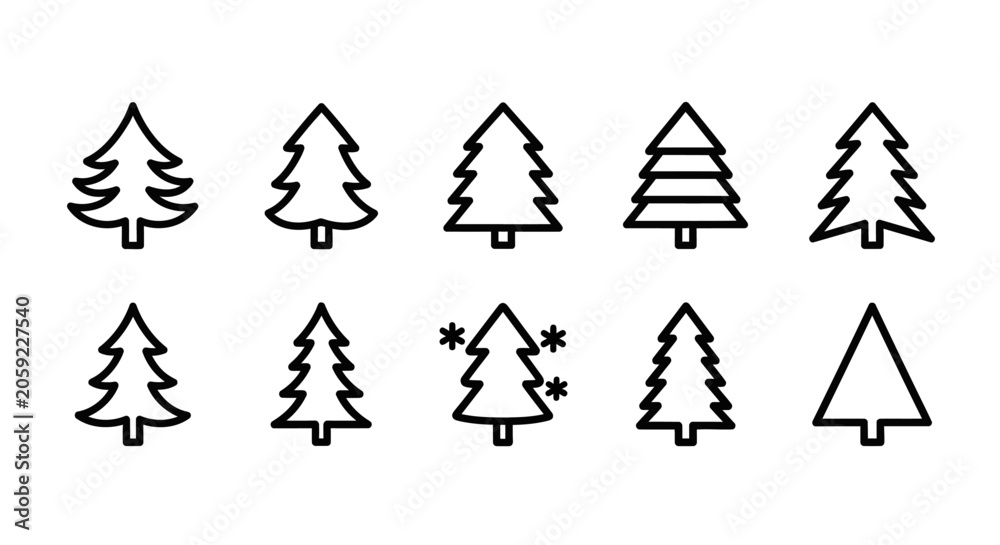 Obraz premium Variety of Geometric Evergreen Tree Vector Outline Shapes for Holiday Concept