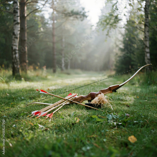 Archery bow and arrows rest peacefully on the green grass of a serene morning forest during a quiet autumn day.