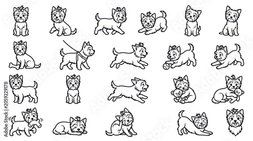 Cute Yorkie Dog Poses Collection, Hand-Drawn Sketch Style, White Background