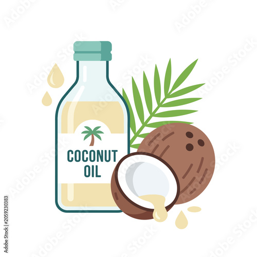 Coconut oil bottle with coconut and leaf on white background, healthy nutrition and skincare product