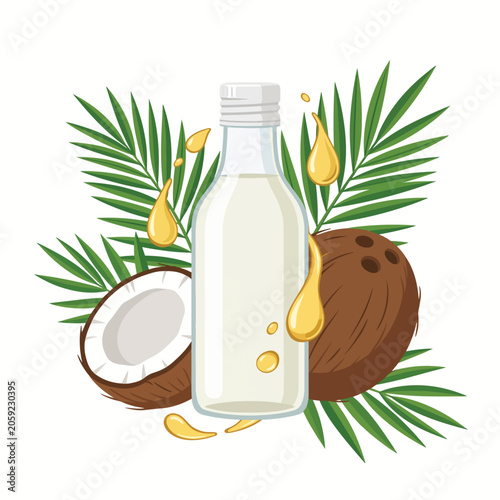 Coconut oil bottle with coconut and palm leaves, natural health and beauty product