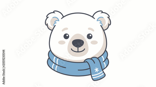 Cute cartoon polar bear head with blue scarf, isolated on white background