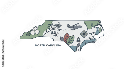 North Carolina state map illustration with iconic landmarks and nature elements