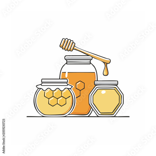 Flat design illustration of honey jars with dipper and honeycomb