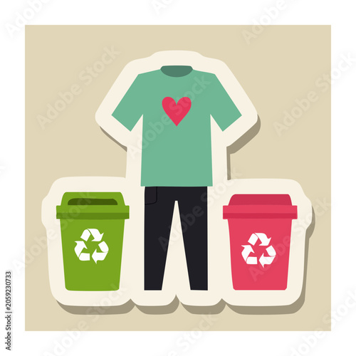 Flat design illustration of recycling bins and t-shirt