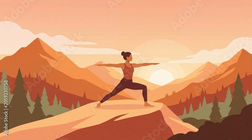 Woman practicing yoga in mountains during sunset for relaxation and wellness