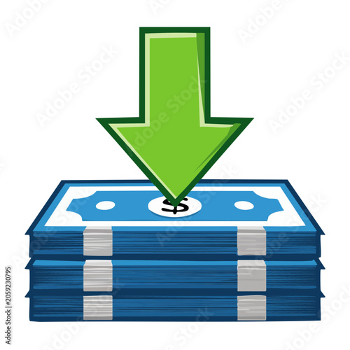 Green arrow pointing down on stack of blue dollar bills icon