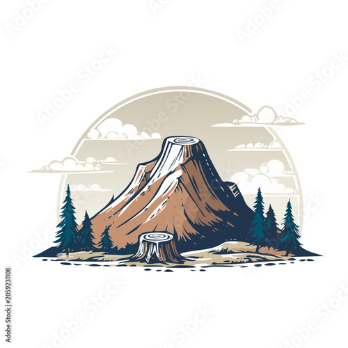 Tree Stump Shaped Like a Mountain in Forest Illustration