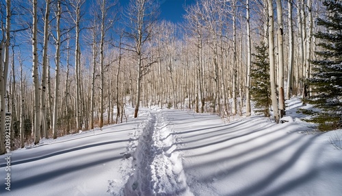Snow Covered Trail Winds Through A Northern Aspen Forest With No Leaves On The Trees
