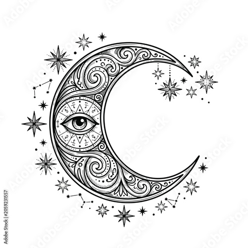 Intricately designed crescent moon with an eye surrounded by stars and constellations