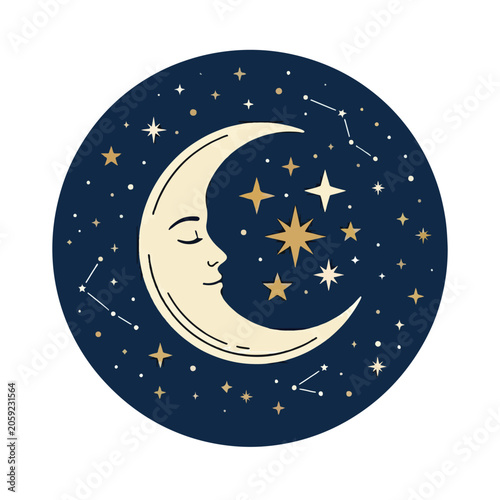 Illustration of a serene crescent moon with a peaceful face surrounded by stars and constellations in a night sky