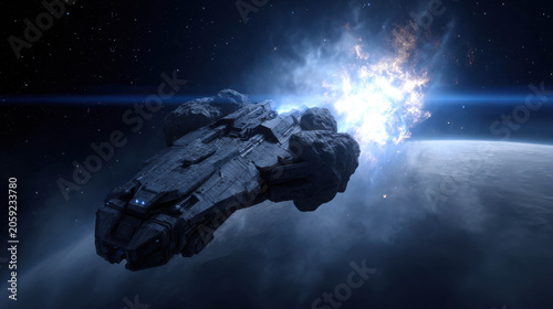 A spaceship is shown exploding in the vastness of space, with a planet in the background and bright light and debris filling the scene
