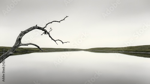 Minimalist landscape photography of a lone dead tree reaching over a calm, still lake under a grey overcast sky
