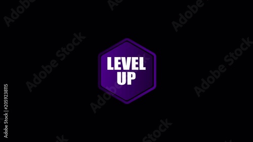A purple level up shield badge on a dark background, suitable for upgrade messages, achievement scenes, and gaming inspired animated graphics.