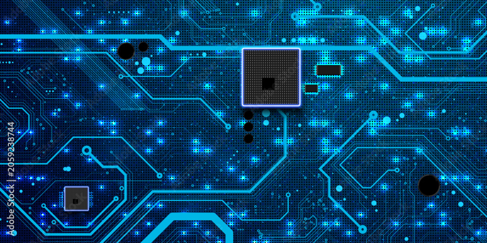Fototapeta premium Close-up of computer processor and microchips on a digital circuit board.