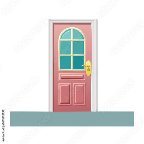 Pink door with arched window and gold handle illustration