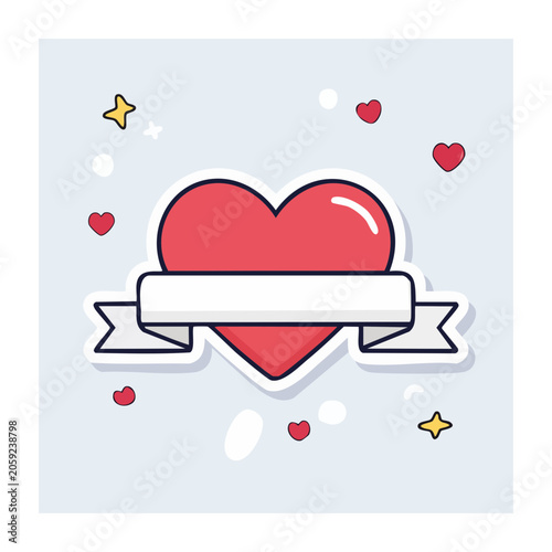 Red heart with blank banner in flat design style