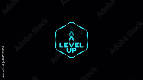 A cyan neon level up badge with upward arrows on a dark background, ideal for progress reveals, gaming themes, and achievement animations.