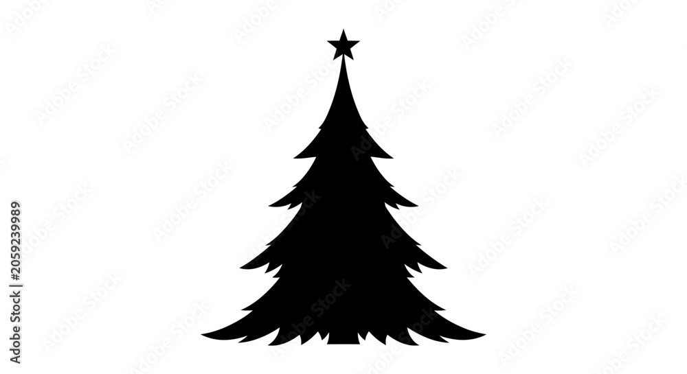 Obraz premium Black Silhouette Christmas Tree with Star on White Background
