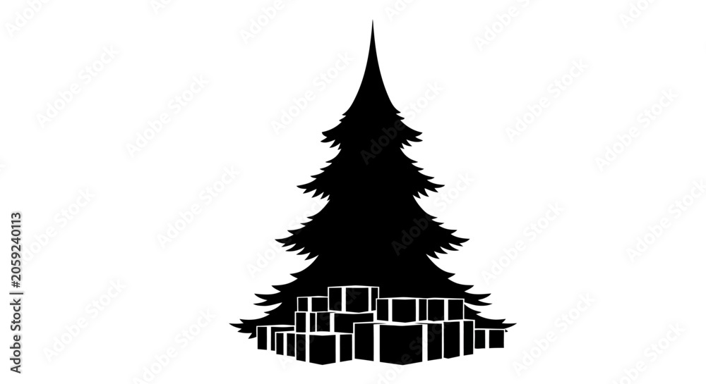 Fototapeta premium Christmas Tree Silhouette with Gift Boxes, Festive Holiday Season Vector