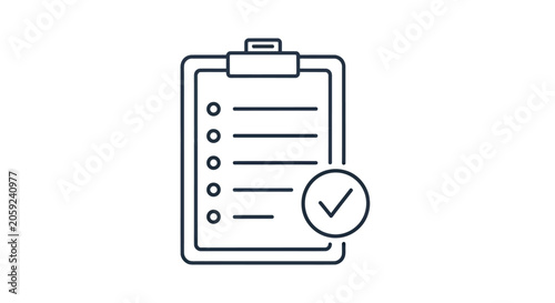 Minimalist clipboard with checklist illustration and checkmark.