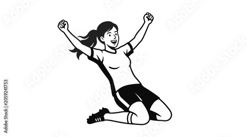 Tableau sur toile Joyful Female Soccer Player Celebrating Goal with Raised Arms, Isolated White Ba