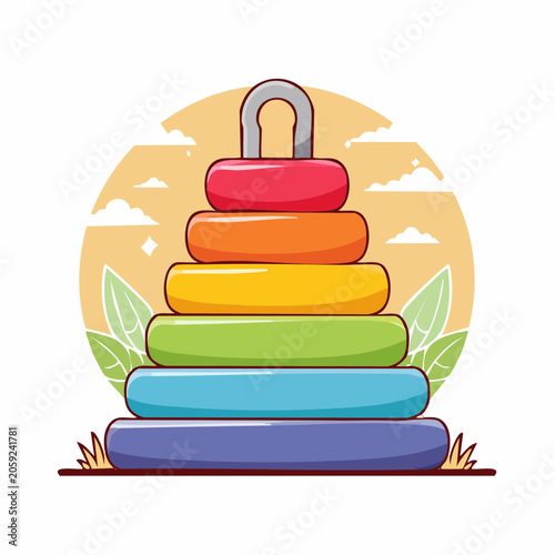 Colorful stacking ring toy with a lock on top