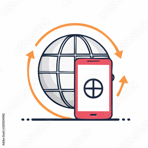 Smartphone connected to the globe with arrows indicating data flow