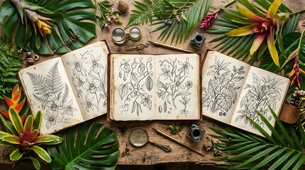 Antique journals with botanical drawings among lush tropical foliage