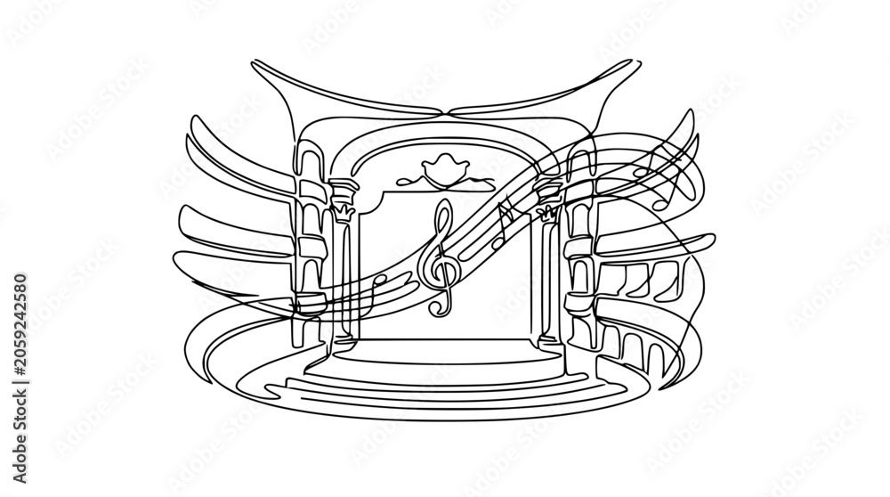 Obraz premium Continuous line drawing of a grand theater stage with musical notes and treble clef.