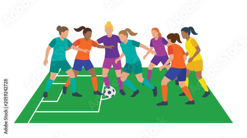 Photography Energetic Female Soccer Players Competing for Ball during a Team Match on Green