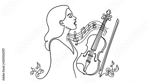 Fotografie Woman singing with violin and musical notes, continuous line art