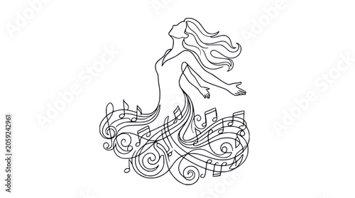 Bild auf Leinwand Graceful Woman Dancing with Musical Notes and Swirls