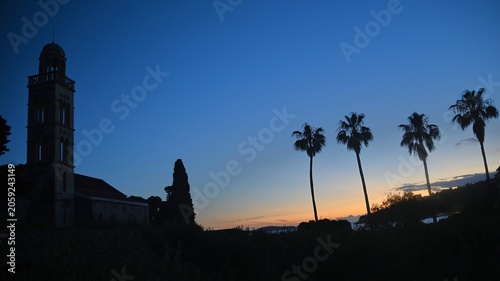 Silhouette of Church Bell Tower and Palm Trees at Dusk, Hvar Island, Croatia