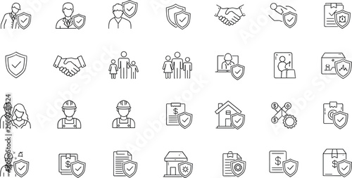 Принти на полотні Trust and security linear icon set for business insurance protection family safe