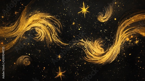 Abstract golden stars and swirls on black background, sparkling cosmic art with glitter and dynamic brushstrokes.